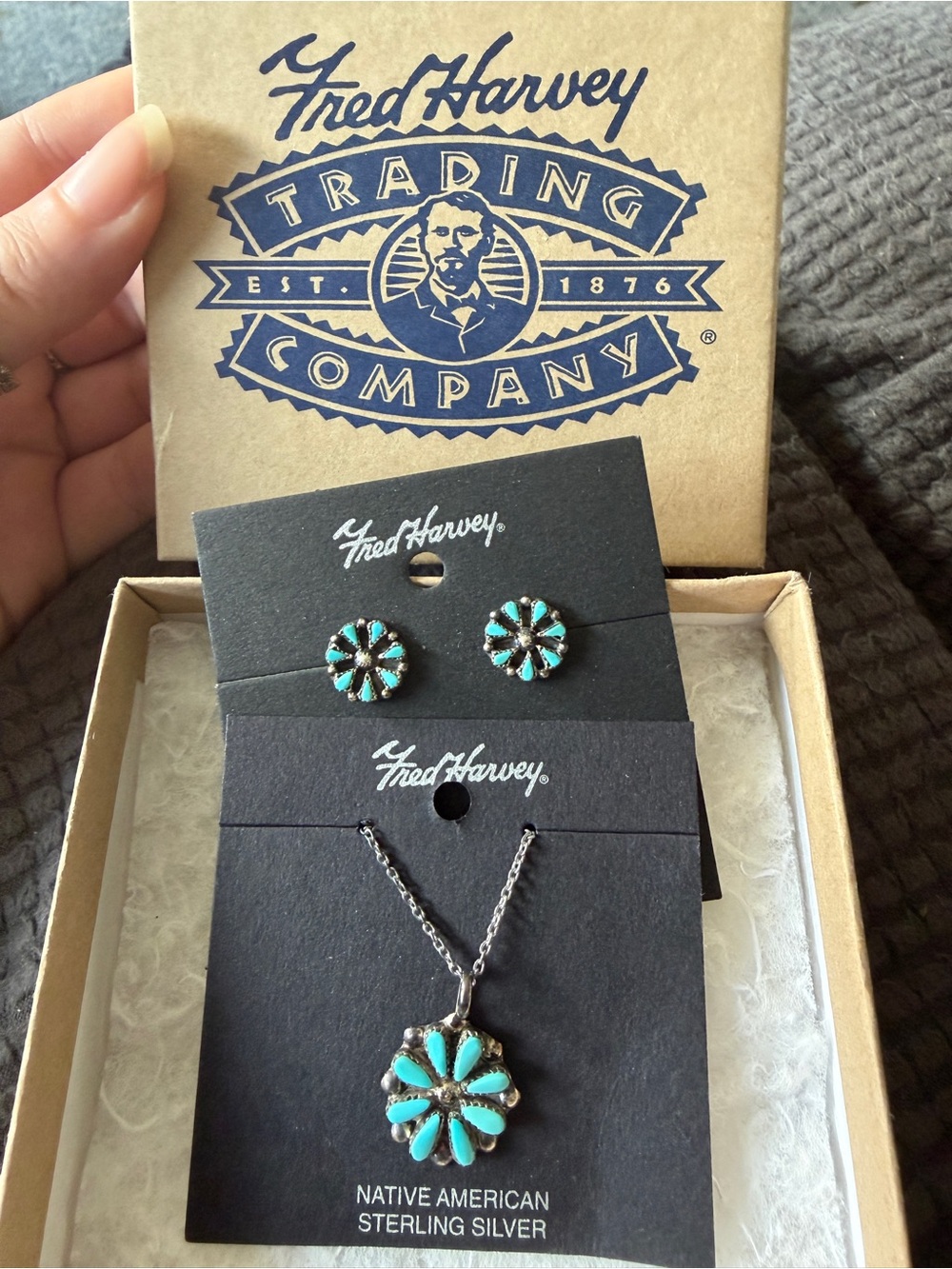 Fred Harvey Turquoise Flower Sterling Silver Necklace & Earrings Set